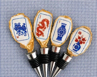 Mahjong Oyster Shell Wine Stopper, Handcrafted Game Night Accessory, Mahjong Player Gift