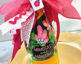 Mahjong Painted Champagne Bottle Art, Custom Veuve Bottle Design