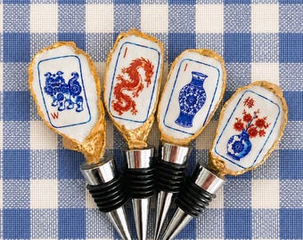 Mahjong Oyster Shell Wine Stopper, Handcrafted Game Night Accessory, Mahjong Player Gift