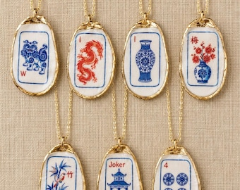 Mahjong Oyster Shell Necklace, Gold Leaf Trim, 24K Plated Chain, Game Night Jewelry