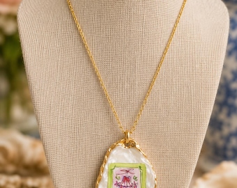 Mahjong Oyster Shell Necklace, Hand-Painted Gold Leaf Pendant, 24K Gold Chain
