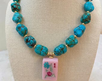 Turquoise Mahjong Tile Necklace, Game Night Accessory, Customizable Charm Gift