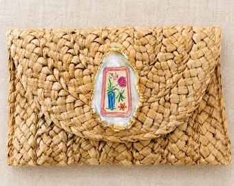 Mahjong Clutch Purse, Oyster Shell Straw Handbag, Mahjong Gift for Women, Coastal Palm Beach Purse, Resort Vacation Clutch
