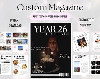 Op de afbeelding: Een aanpasbaar tijdschriftontwerp met een zwarte omslag met de tekst YEAR 26 EDITION, GET TO KNOW THE BIRTHDAY GIRL, FEATURING ANNIE, A NEW CHAPTER BEGINS en Vol 26 Edition No. 1. Bevat 50 pagina's, directe download en bewerkbare lay-outs.