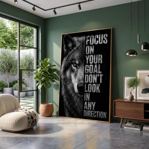 Quadro su tela con ritratto di lupo feroce e citazione motivazionale, decorazione ispiratrice "Concentrati sul tuo obiettivo", stampa su tela con spirito animale.