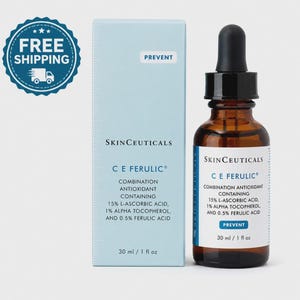 May include: A skincare product set featuring a brown glass bottle with a black dropper and a light blue box. The bottle and box both display the "SkinCeuticals C E Ferulic" logo and product information. The bottle contains 30 ml / 1 fl oz.