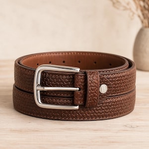 Brown Embossed Leather Belt with Wave Pattern, Classic Everyday Leather Accessory