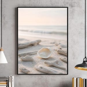 May include: A framed wall art print featuring a beach scene with white sand, scattered pieces of weathered driftwood, and a single open seashell in the center. The background shows a soft-focus view of the ocean under a pale, hazy sky.