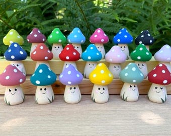 The Happy Shroom Family - Wooden Mushroom Ornaments & Keyrings - Multiple Colours