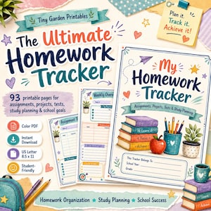 May include: A printable homework tracker set featuring 93 pages for assignments and study planning. The cover displays the text "My Homework Tracker" with illustrations of stacked books, a red apple, a pencil holder, and a potted plant.
