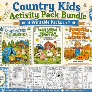 May include: A digital activity pack bundle featuring three printable sets: Camping Cabin, Farm Animal, and Pumpkin Patch. The collection includes colorful cover pages, word searches, coloring sheets, and counting activities for children.