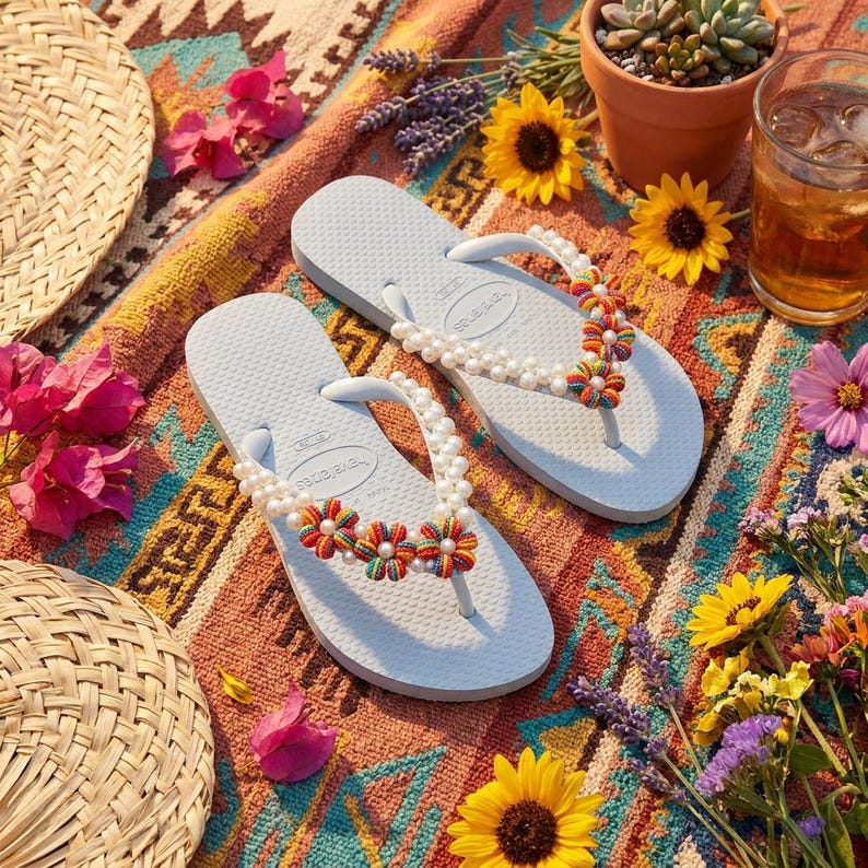 Tongs Havaianas personnalisées avec perles | Sandales à fleurs de perles | Cadeau de mariage à la plage pour demoiselles d'honneur Branco Flor Color.