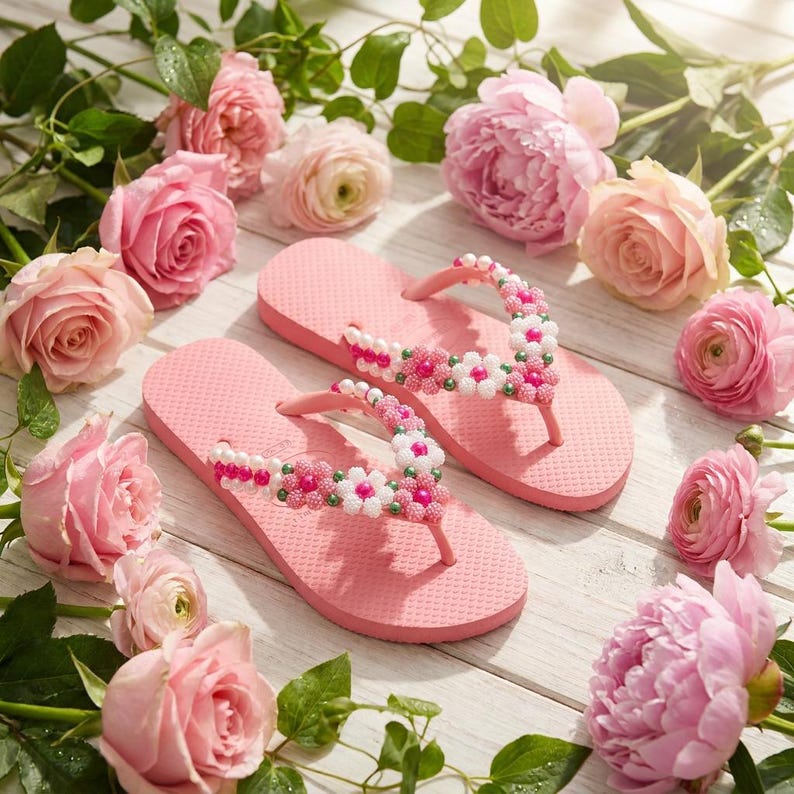 Peut inclure: Une paire de tongs rose clair avec des brides orn&eacute;es de fleurs en perles blanches et roses. Les sandales sont pos&eacute;es sur une surface en bois blanc, entour&eacute;es de plusieurs roses roses en pleine floraison et de feuilles vertes.