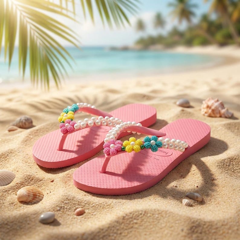 Peut inclure: Une paire de tongs roses avec des brides orn&eacute;es de fausses perles blanches et de petites fleurs en perles color&eacute;es dans les tons jaune, rose et bleu. Les semelles pr&eacute;sentent une surface textur&eacute;e et les sandales sont con&ccedil;ues pour un usage d&eacute;contract&eacute;.