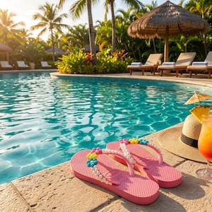 Peut inclure: Une paire de tongs roses avec des perles blanches et des fleurs color&eacute;es sur les brides, pos&eacute;es sur une terrasse de piscine en pierre &agrave; c&ocirc;t&eacute; d'un chapeau de paille et d'un verre de boisson orange avec une tranche d'ananas et un parasol.