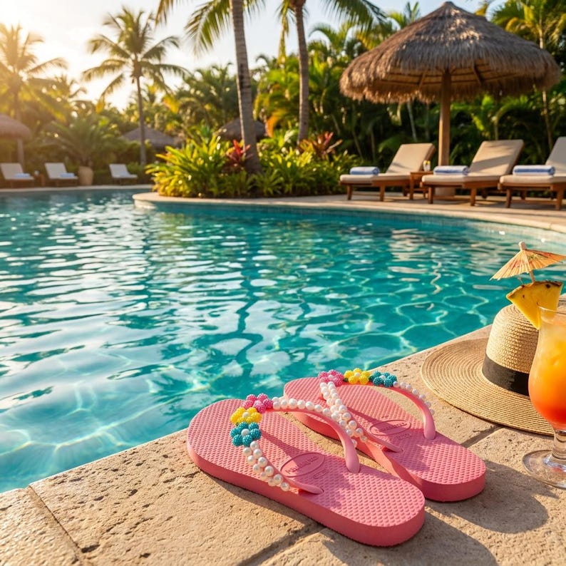 Peut inclure: Une paire de tongs roses avec des perles blanches et des fleurs color&eacute;es sur les brides, pos&eacute;es sur une terrasse de piscine en pierre &agrave; c&ocirc;t&eacute; d'un chapeau de paille et d'un verre de boisson orange avec une tranche d'ananas et un parasol.