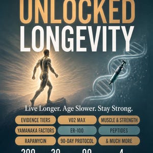 May include: A book cover titled Unlocked Longevity from The Unlocked Series. It features a glowing human figure, a DNA strand with a syringe, and text including Live Longer. Age Slower. Stay Strong., 200 pages, 30 chapters, and 90-day protocol.