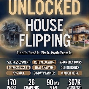May include: A book cover titled The Unlocked Series: Unlocked House Flipping. It features a padlock icon, a dilapidated house, and a modern home. Text includes: Find It. Fund It. Fix It. Profit From It. 170 pages, 26 chapters, 90 day plan, $67K average profit.