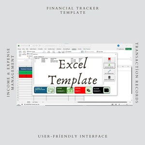 May include: A financial tracker template displayed on a computer screen. The Excel template shows income, expense, and balance figures. The words "Excel Template" are prominently displayed. The image also includes the text "Financial Tracker Template".