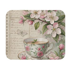 Vintage Floral Tea Cup Mouse Pad | Pink Blossom Botanical Office Desk Mat