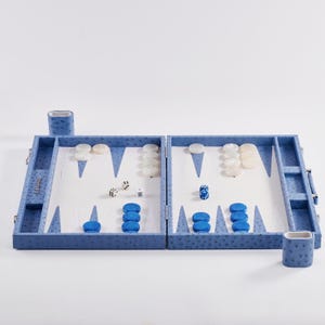 May include: A blue backgammon set with white and blue game pieces. The board is open, showing the playing surface with triangular points. Dice and a cup are also visible, ready for a game.