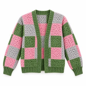 May include: A long-sleeve cardigan made of crocheted granny squares in alternating colors of sage green, light pink, and heather gray. The garment features a solid sage green ribbed trim along the front opening, the neckline, and the sleeve cuffs.