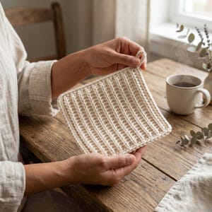 May include: A cream-colored, square crochet potholder with a ribbed texture. The potholder is held by a person, showcasing its handmade quality. The design features a loop for hanging. The image is set on a wooden table with a cup of coffee and a window in the background.