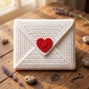 Può includere: Una pochette bianca all'uncinetto a forma di busta con un'applicazione a forma di cuore rosso. La pochette fatta a mano è realizzata con filato strutturato e poggia su una superficie di legno. Sono visibili anche una piccola chiave e un rametto di lavanda.