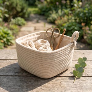 Può includere: Un cestino quadrato in corda beige con interno color crema, riempito con spago color crema, forbici dorate e un uncinetto di legno. Il cestino ha manici in corda e poggia su una superficie di legno. Un rametto di foglie verdi è a destra.