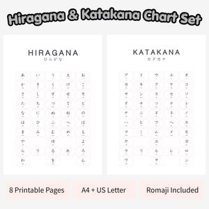 以下が含まれることがあります： ひらがなとカタカナのチャートセット。白いページに黒い文字で構成されています。上部には「Hiragana & Katakana Chart Set」と記載されています。日本語の文字とローマ字が並んだ2つの列があります。下部のテキスト：8 Printable Pages, A4 + US Letter, Romaji Included。