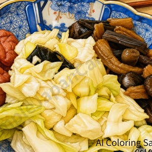 Puede incluir: Un cuenco de cerámica con motivos azules y blancos que contiene una comida de ciruelas rojas encurtidas, repollo verde claro picado y setas y raíz de bardana guisadas de color marrón oscuro. El texto AI Coloring Sample aparece abajo a la derecha.