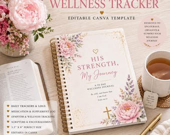 Floral Faith Based Wellness Tracker Journal Canva Template | Christian Medication & Symptom Tracker | Peony Health Planner