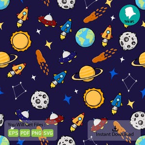Motivo senza soluzione di continuità dello spazio esterno disegnato a mano su sfondo blu