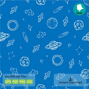 Può includere: Un motivo digitale continuo con elementi spaziali disegnati a mano in bianco su sfondo blu brillante, tra cui razzi, pianeti, stelle, comete e ufo. Un logo circolare in alto a destra riporta Yofa art. Il testo in basso elenca i formati dei file.