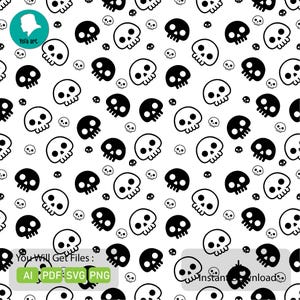 May include: A seamless digital pattern featuring a repeating arrangement of black and white cartoon skulls of varying sizes on a white background. The top left corner includes a circular logo with the text Yofa art. The bottom includes text.