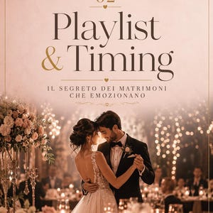 Può includere: Una copertina di documento digitale intitolata VELVET WEDDING FILES 02 Playlist & Timing, che mostra una coppia che balla a un ricevimento di nozze. Il testo include IL SEGRETO DEI MATRIMONI CHE EMOZIONANO e un piè di pagina in italiano su sfondo rosa.