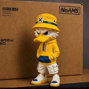 Könnte beinhalten: Eine stilisierte Entenfigur mit einem gelben Fischerhut mit X-Aufnäher, einem gelben Kapuzenpullover mit blauer Vordertasche, weißen Cargoshorts und weißen Turnschuhen mit blauen Akzenten. Die Figur hat einen grimmigen Gesichtsausdruck.