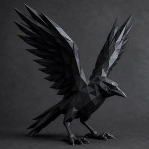 Könnte beinhalten: Eine mattschwarze, geometrische Rabenskulptur mit weit ausgebreiteten Flügeln. Die Vogelfigur besteht aus zahlreichen scharfen, winkligen, dreieckigen Facetten, die eine komplexe Low-Poly-Ästhetik über den gesamten Körper, Kopf und die Federn erzeugen.