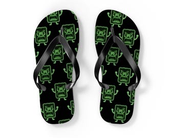 Mad Cobbler Pattern Flip Flops — Neon Green Cartoon Skull Beach Sandals