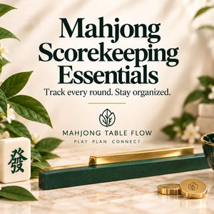 Könnte beinhalten: Ein Mahjong-Punkteset mit einem weißen Spielstein mit grünem Schriftzeichen, einer langen grünen und goldenen Ablage und zwei goldenen runden Spielmarken. Der Text lautet Mahjong Scorekeeping Essentials, Track every round. Stay organized.