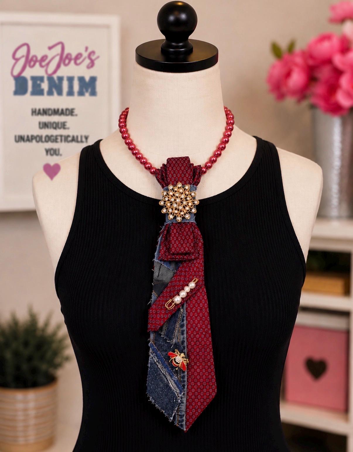 Handmade Burgundy Denim Tie Necklace with Pearls and Brooch - Statement Wearable Art
