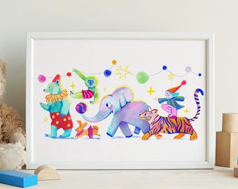 Lámina con un divertido desfile de animales de circo: Arte mural colorido para la habitación infantil, decoración Montessori para la habitación de los niños.