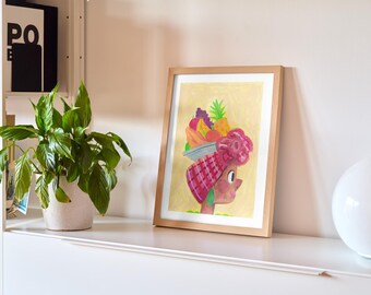 Póster de arte de una mujer con cabeza de fruta tropical