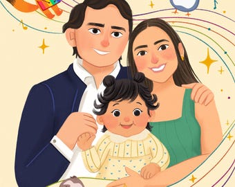 Ilustración personalizada de retrato familiar: impresión digital personalizada, arte original dibujado a mano.