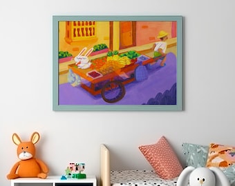 Póster de arte con ilustración de un colorido carrito de mercado / Lámina con la imagen de un vendedor ambulante de conejos