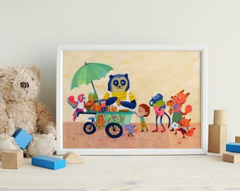 Póster de animales en carrito de helados / Póster de bellas artes