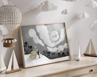 Póster ilustrado de polilla y cría a la luz de la luna / Póster de bellas artes