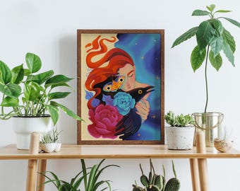 Póster artístico de una mujer abrazando a un cuervo / Lámina artística floral surrealista