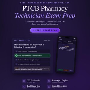 May include: A dark purple digital advertisement for Novari PTCB Pharmacy Technician Exam Prep. It displays a quiz interface on a screen, a smartphone showing flashcards, and lists features including 500 flashcards, a smart quiz engine, and a real exam sim.