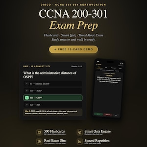 Puede incluir: Un recurso de estudio digital para la certificación Cisco CCNA 200-301 con una interfaz de cuestionario en tableta y teléfono inteligente. La pantalla muestra materiales de preparación, incluyendo tarjetas de estudio y un motor de examen.